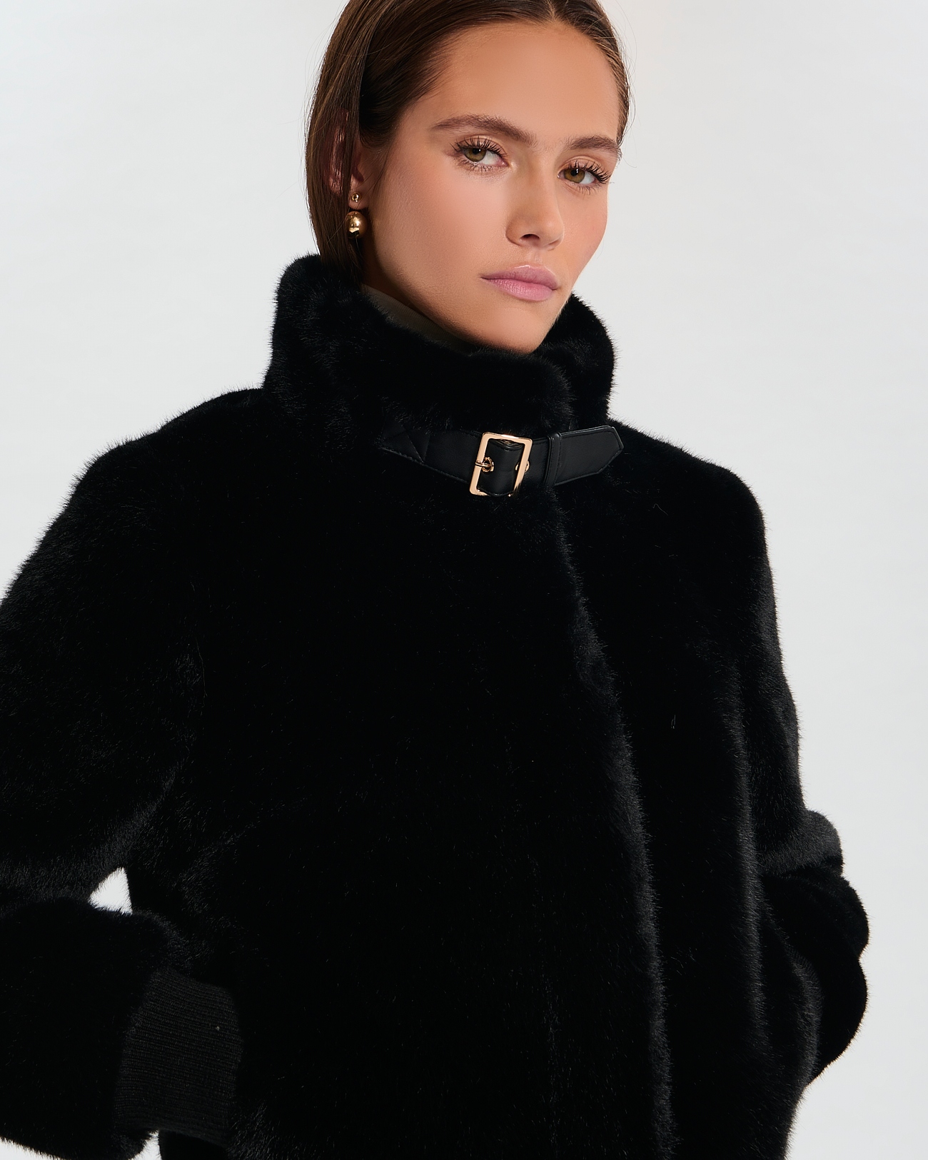 Faux Fur Fourrure Capuche Manteau Court Fausse Fourrure Noir